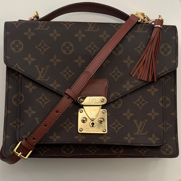 Louis Vuitton Monceau 28 Brown Tan Monogram Crossbody Purse Satchel Gold Accents - Picture 1 of 17